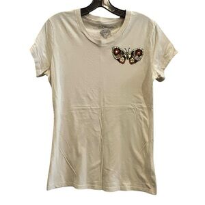 Ed Hardy Vintage Tan Tee With A Small Butterfly on the front, Size Large